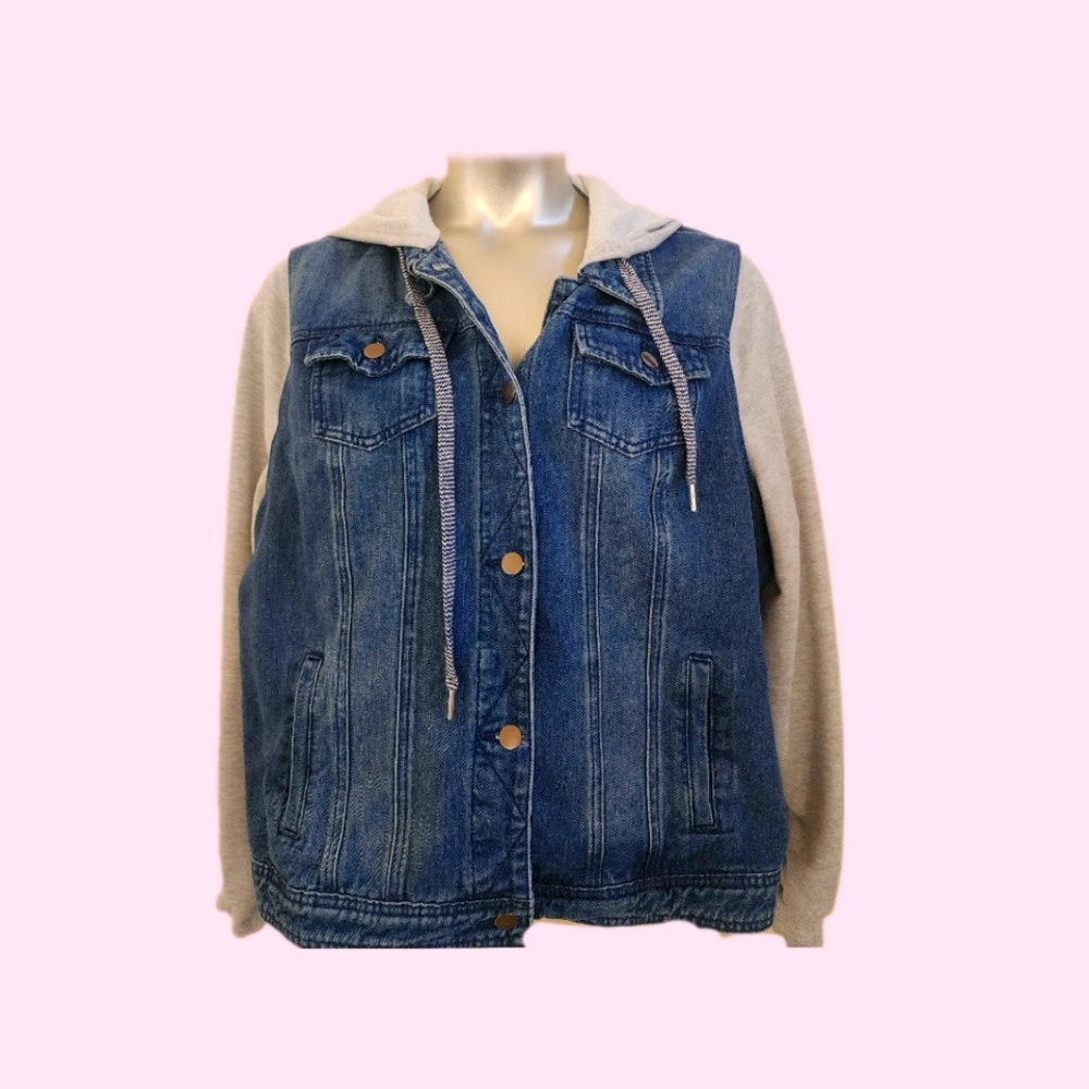 Layered Drawstring Hood Denim Jacket - XXL